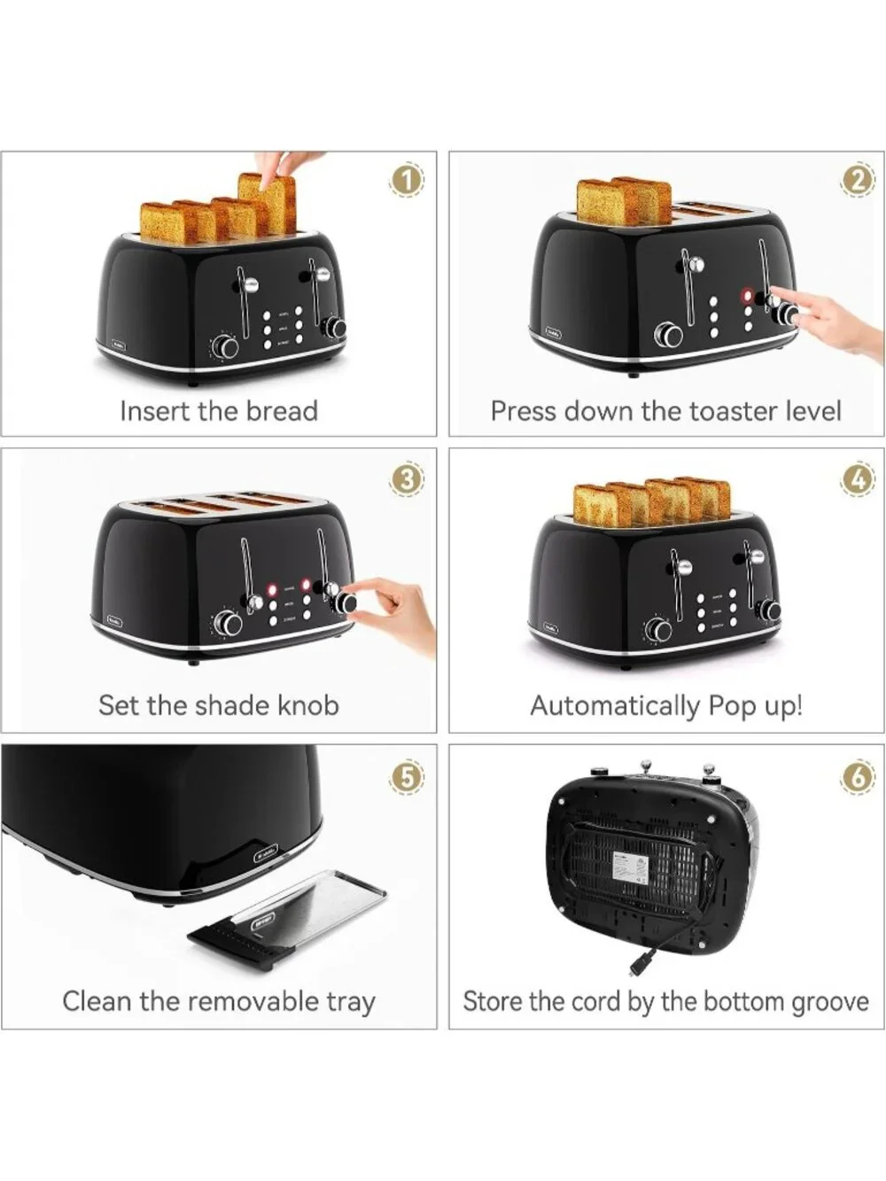 4 Slice Black Retro Stainless with 6 Bread Shade Settings 1.5''Wide Toaster